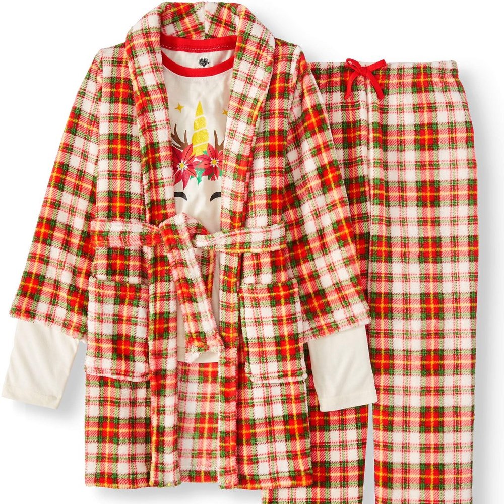 New 3Pc Set Fleece Robe and Matching Pajamas